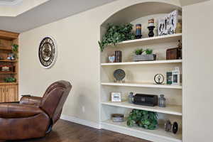 Sitting room with built in shelves and dark hardwood / wood-style floors