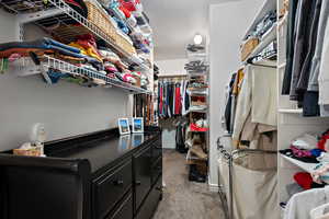 Walk in closet featuring light colored carpet