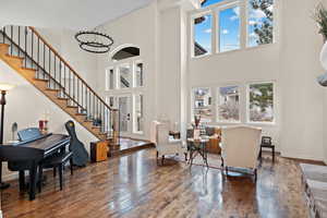 Foyer entrance featuring a towering ceiling and dark hardwood / wood-style floors