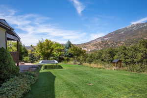 View of green lawn featuring a mountain view and a trampoline