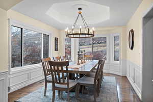 Dining room with dark hardwood / wood-style flooring, a raised ceiling, and a textured ceiling