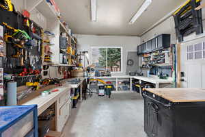 Garage featuring a workshop area