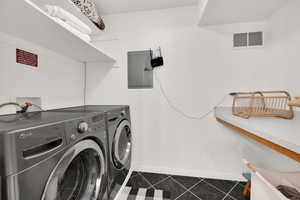 Laundry room featuring dark tile patterned floors, washing machine and dryer, and electric panel