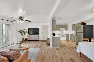 Living room with light hardwood / wood-style flooring and ceiling fan