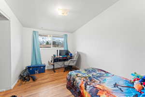 Bedroom with hardwood / wood-style flooring