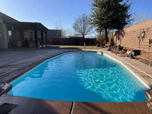 View of swimming pool with a patio and an outdoor kitchen