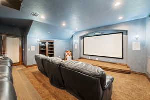 Cinema room with vaulted ceiling, light carpet, and a textured ceiling