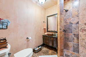 Bathroom with vanity, a tile shower, and toilet