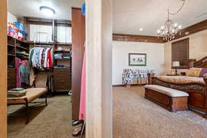 Bedroom featuring light carpet, a notable chandelier, crown molding, and a textured ceiling