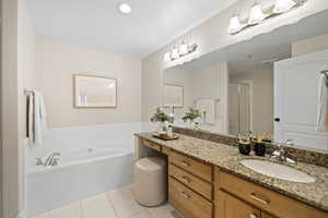 Bathroom with tile patterned flooring, vanity, and plus walk in shower