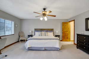 Carpeted bedroom featuring ceiling fan and a textured ceiling