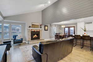 Living room featuring rail lighting, high vaulted ceiling, a fireplace, and light wood-type flooring