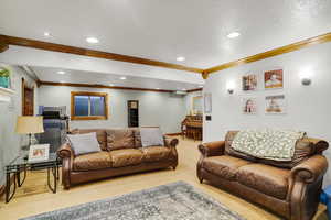 Living room featuring crown molding, light colored carpet, and a textured ceiling