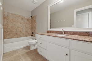 Full bath with vanity, shower / bath combination, toilet, tile patterned floors, and visible vents