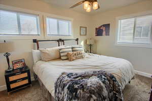 Bedroom featuring carpet and ceiling fan