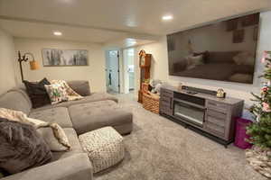 Living room with carpet and a textured ceiling