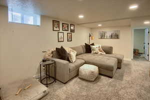 Carpeted living room featuring a textured ceiling