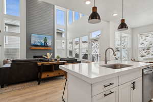 Kitchen with sink, white cabinetry, an island with sink, decorative light fixtures, and light wood-type flooring