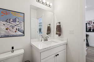 Bathroom with hardwood / wood-style flooring, vanity, and toilet