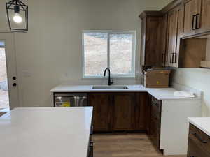 Kitchen featuring sink, decorative light fixtures, light hardwood / wood-style floors, and dishwasher