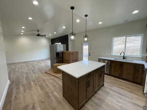 Kitchen with appliances with stainless steel finishes, decorative light fixtures, sink, and plenty of natural light