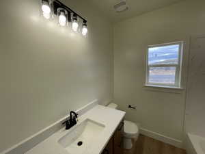 Bathroom featuring hardwood / wood-style flooring, vanity, and toilet