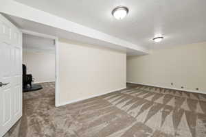 Basement with a wood stove, a textured ceiling, and carpet