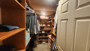 Master downstairs closet featuring light colored carpet