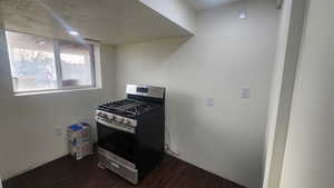 Kitchenette area in basement with dark wood-type flooring, this gas stove is excluded, and a textured ceiling