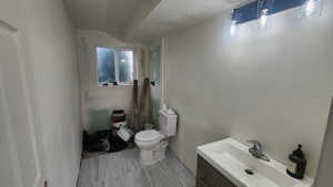 Bathroom featuring vanity, a textured ceiling, and toilet. Currently half bath but can add shower to finish off a full bath in the basement