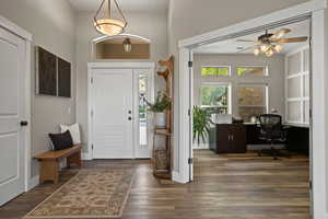 Foyer featuring ceiling fan and dark hardwood / wood-style floors