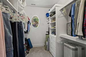 Walk in closet with light carpet