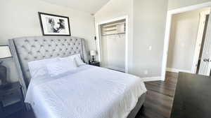 Bedroom with lofted ceiling, dark hardwood / wood-style floors, and a closet