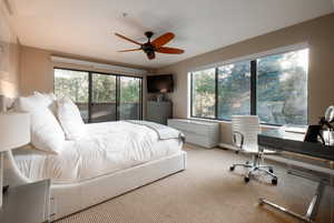 Bedroom featuring light carpet and ceiling fan