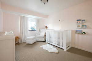 Bedroom with a crib and carpet flooring