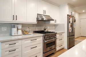 Kitchen with white cabinetry, backsplash, exhaust hood, stainless steel appliances, and light stone countertops