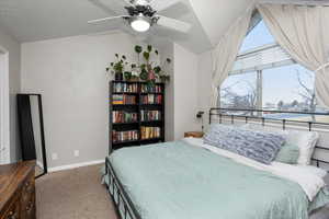 Bedroom featuring lofted ceiling, carpet floors, and ceiling fan