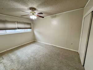 Carpeted spare room featuring a textured ceiling, ornamental molding, and ceiling fan