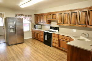 Kitchen featuring stainless steel appliances, sink, and light wood-type flooring