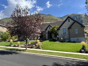 View of front of house with a mountain view and a front yard