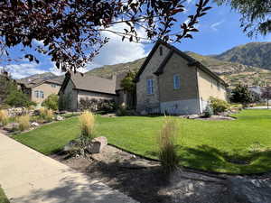 View of property exterior with a mountain view and a yard