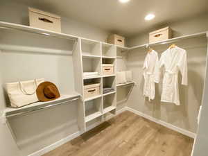 Roomy walk in closet with light hard surface LVP flooring.