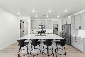 Kitchen with stainless steel appliances, an island with sink, gray cabinets, and sink