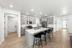 Kitchen with sink, a breakfast bar area, gray cabinets, stainless steel appliances, and an island with sink