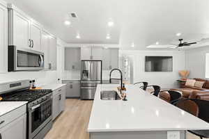 Kitchen featuring appliances with stainless steel finishes, sink, and a kitchen island with sink