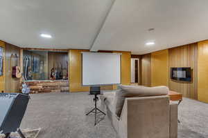 Carpeted cinema room with wooden walls