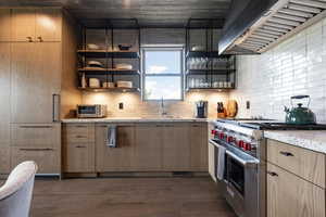 Kitchen featuring sink, dark wood-type flooring, high end range, decorative backsplash, and wall chimney exhaust hood