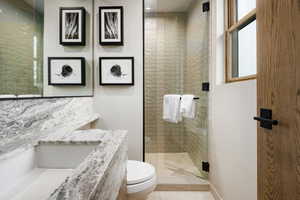 Bathroom featuring an enclosed shower, vanity, and toilet