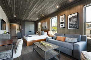 Living room with plenty of natural light, dark hardwood / wood-style floors, and wooden ceiling