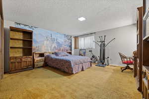 Bedroom featuring carpet floors and a textured ceiling